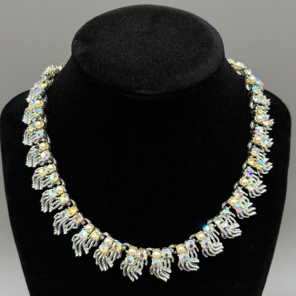 Vintage Rhinestone Fringe Necklace Coro AB Crystal Faux Pearl Bib Silver Tone